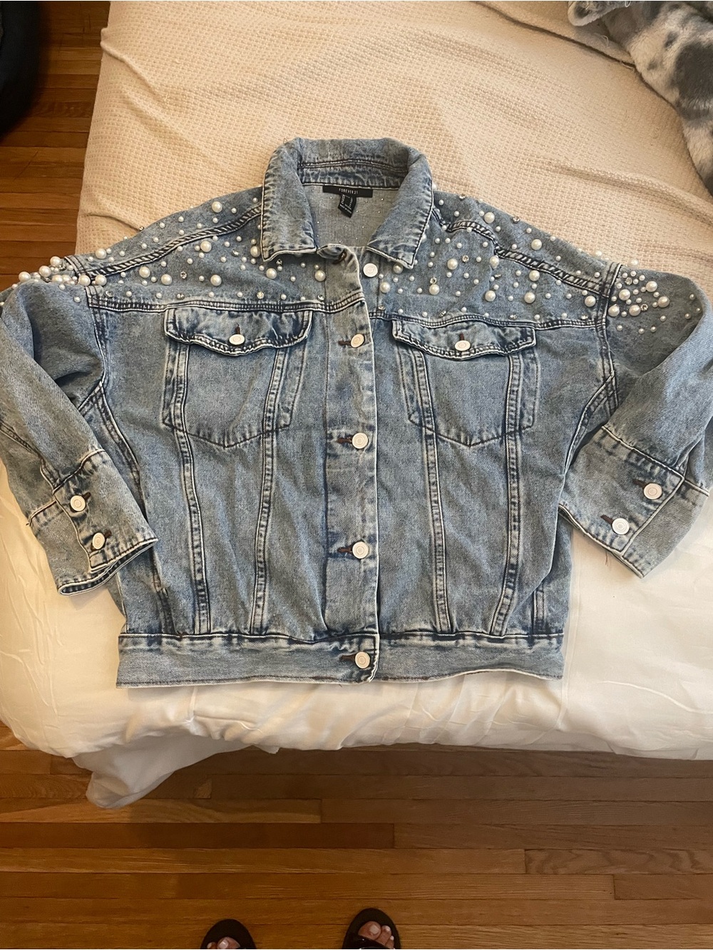 Forever 21 Light Wash Pearl-Trim Denim Jacket